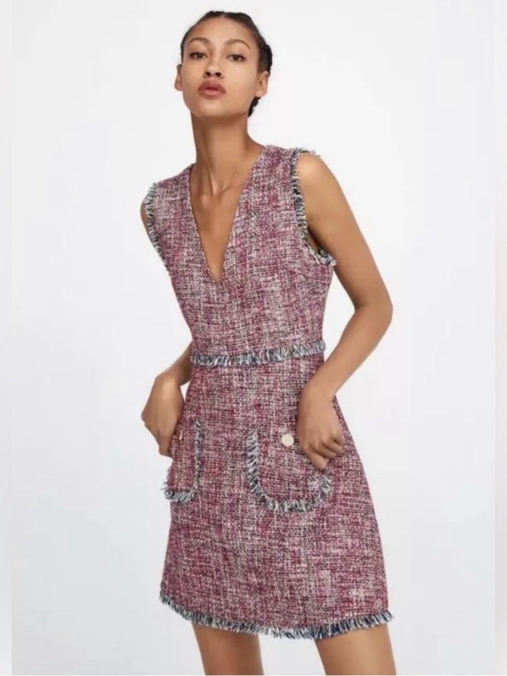 ZARA XS Sleeveless V-Neck Tweed red Dress with navy trim